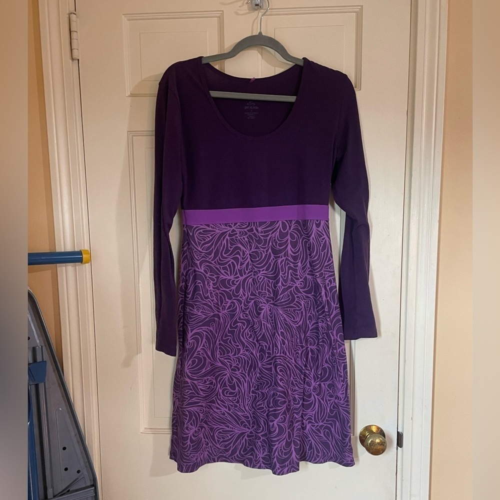 Prana Size Small Purple A Line Long Sleeve Floral Empire Dress Casual Cute
